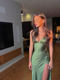 Green V Neck Sheath Satin Long Party Dress Wedding Guest Dress, HZ0319