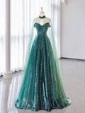 Green Strapless A-Line Tulle Sequins Long Prom Dress Evening Gown, HZ0319