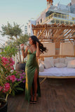 Green V Neck Sheath Satin Long Party Dress Wedding Guest Dress, HZ0319