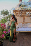 Green V Neck Sheath Satin Long Party Dress Wedding Guest Dress, HZ0319