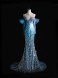 Blue Sequins Sweetheart Mermaid Long Evening Dress Birthday Gown, HZ0319