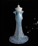 Blue Sequins Sweetheart Mermaid Long Evening Dress Birthday Gown, HZ0319