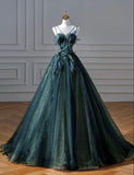 Green Straps A-Line Tulle Chic Long Prom Dress Evening Gown, HZ0319