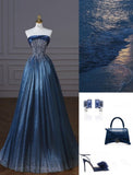 Navy Blue Strapless A-Line Beading Long Prom Dress Evening Gown, HZ0319