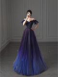 Elegant Off Shoulder A-Line Tulle Long Prom Dress Evening Gown, HZ0319