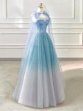 Light Blue Sweetheart Neck A-Line Tulle Long Formal Party Dress, HZ0319