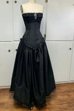 Black Strapless A-Line Lace Satin Long Prom Dress, HZ0319