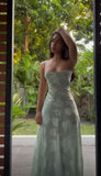 Blue A-Line Straps Long Party Dress Wedding Guest Dress, HZ0319