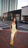 Light Yellow V Neck Straps Sheath Satin Long Party Dress, HZ0319