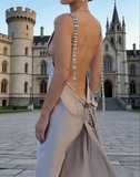 Grey V Neck Straps A-Line Backless Long Party Dress Formal Evening Dress, HZ0319