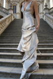 Grey V Neck Straps A-Line Backless Long Party Dress Formal Evening Dress, HZ0319