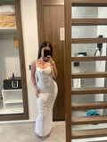 White Spaghetti Straps Lace Mermaid Long Party Dress, HZ0319