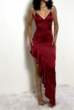 Sexy Red V Neck Straps Sheath Satin Long Party Dress Evening Dress, HZ0319