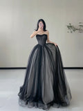 Black Strapless A-Line Tulle Long Formal Prom Dress Evening Gown, HZ0319