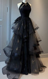 Black Halter A-Line Tulle Long Formal Prom Dress Evening Gown, HZ0319