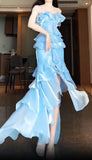 Blue Straps Sheath Cake Skirt Graduation Dress Long Prom Dress, HZ0319