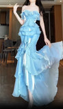 Blue Straps Sheath Cake Skirt Graduation Dress Long Prom Dress, HZ0319