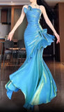Blue Spaghetti Straps Mermaid Graduation Dress Long Prom Dress, HZ0319