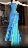 Blue Spaghetti Straps Mermaid Graduation Dress Long Prom Dress, HZ0319