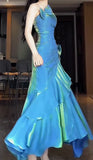 Blue Spaghetti Straps Mermaid Graduation Dress Long Prom Dress, HZ0319