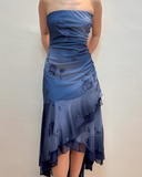 Vintage Navy Strapless Ruffles Chiffon Long Party Dress Evening Gown, HZ0319