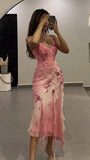 Pink Straps Ruffles Chiffon Vintage Long Party Dress Evening Gown, HZ0319