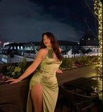Green Halter Sheath Satin Long Evening Dress with Split, HZ0319