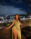 Green Halter Sheath Satin Long Evening Dress with Split, HZ0319