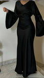 Modest Black Sheath Satin Long Sleeves Long Party Dress, HZ0319