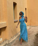 Blue Straps Sheath Chiffon Long Party Dress Wedding Guest Dress, HZ0319