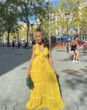 Yellow V Neck A-Line Long Party Dress Wedding Guest Dress, HZ0319