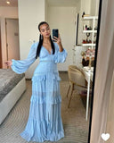 Blue V Neck Long Sleeves A-Line Long Wedding Guest Dress, HZ0319