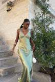 Green V Neck Straps Sheath Satin Long Party Dress Wedding Guest Dress, HZ0319
