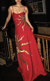 Charming Red Spaghetti Straps A-Line Embroidery Long Evening Dress, HZ0319