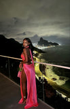 Pink Halter Backless Satin Split Long Evening Dress, HZ0319