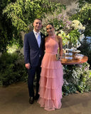 Pink Halter A-Line Tulle Long Prom Dress Ruffle Evening Dress, HZ0319