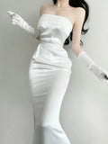 Simple Strapless Mermaid Satin White Wedding Dresses, HZ0319