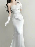 Simple Strapless Mermaid Satin White Wedding Dresses, HZ0319