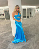 Blue One Shoulder Sheath Long Prom Dress Satin Evening Dress, HZ0319