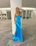 Blue One Shoulder Sheath Long Prom Dress Satin Evening Dress, HZ0319
