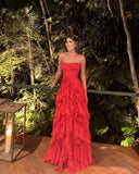 Strapless A Line Red Long Prom Dress Ruffle Formal Dresses, HZ0319