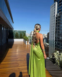 Green Halter Mermaid Long Prom Dress Satin Formal Dresses, HZ0319