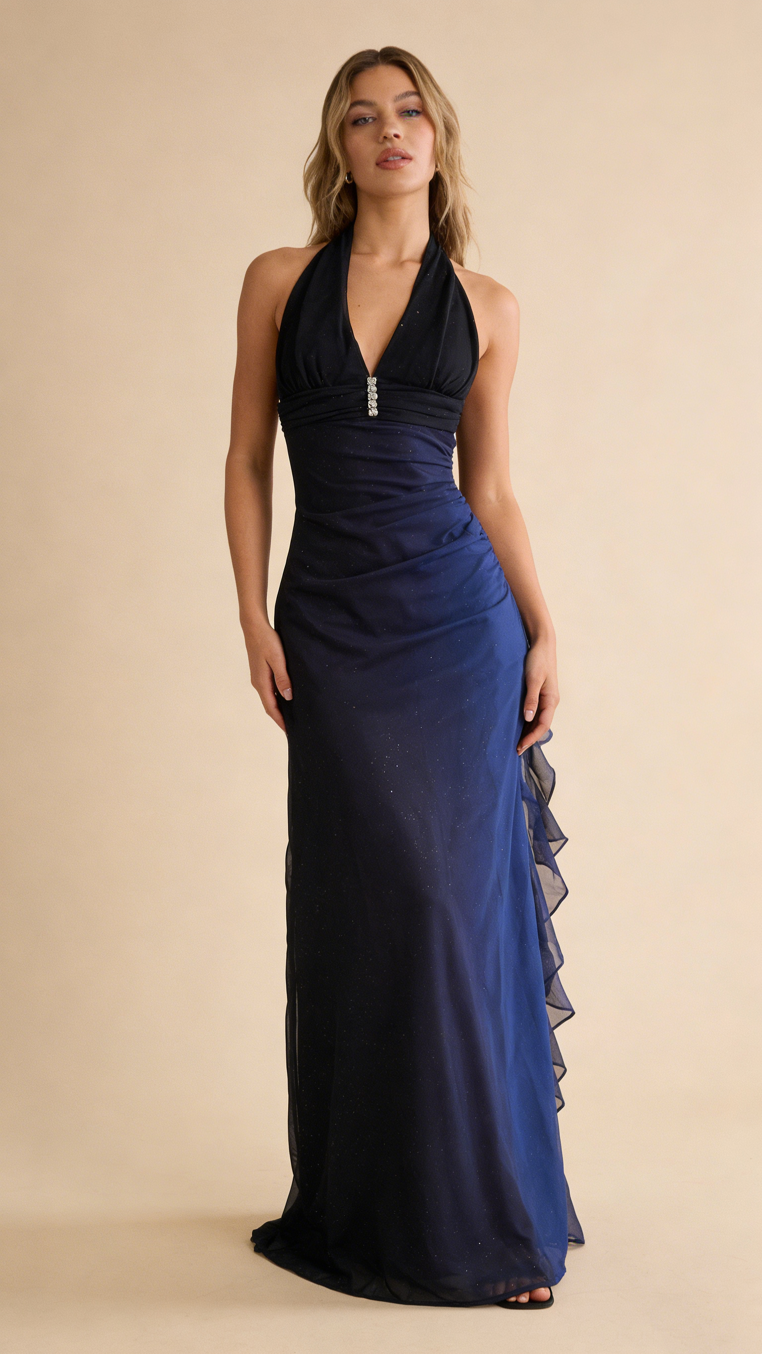 Dark Blue Halter Sheath Chiffon Long Party Dress Vintage Evening Dress, HZ0319