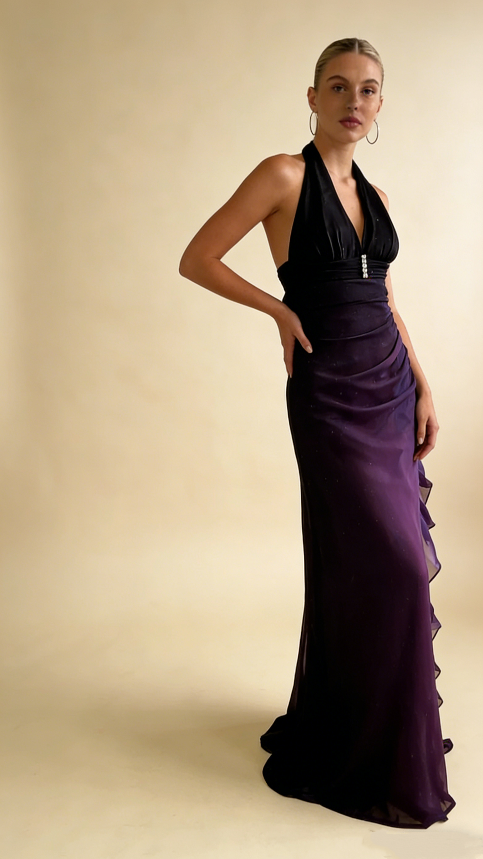 Dark Blue Halter Sheath Chiffon Long Party Dress Vintage Evening Dress, HZ0319