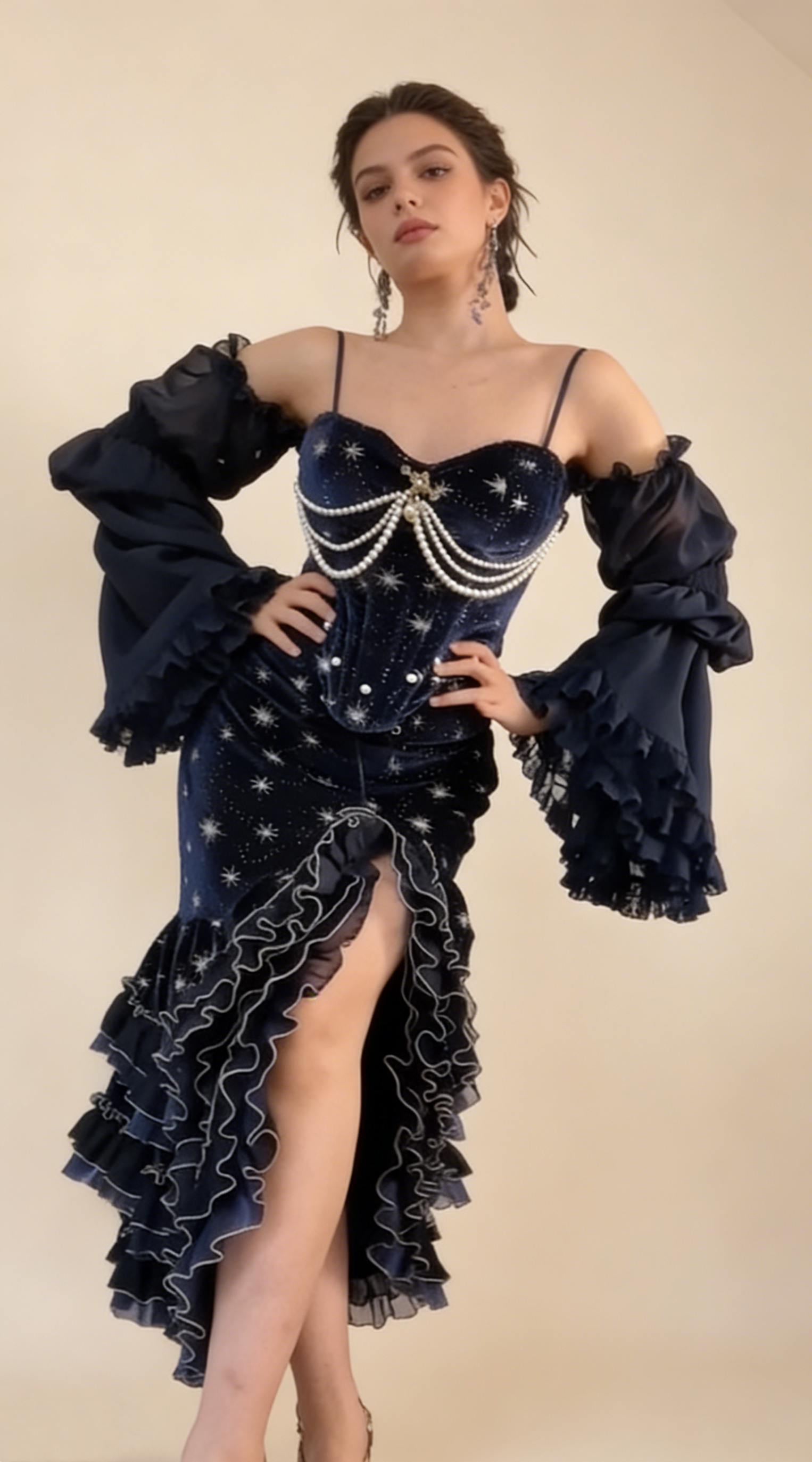 Prom Dress Dark Navy Spaghetti Straps Mermaid Layers Ruffles Sexy Evening Dress Birthday Outfits, HZ0319