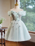A-Line Off Shoulder Tulle Short Prom Dress, Green Homecoming Dress HZ0319