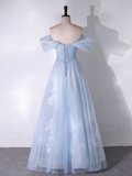 A-Line Off Shoulder Tulle Lace Blue Long Prom Dress, Blue Long Formal Dress HZ0319