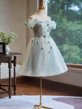 A-Line Off Shoulder Tulle Short Prom Dress, Green Homecoming Dress HZ0319