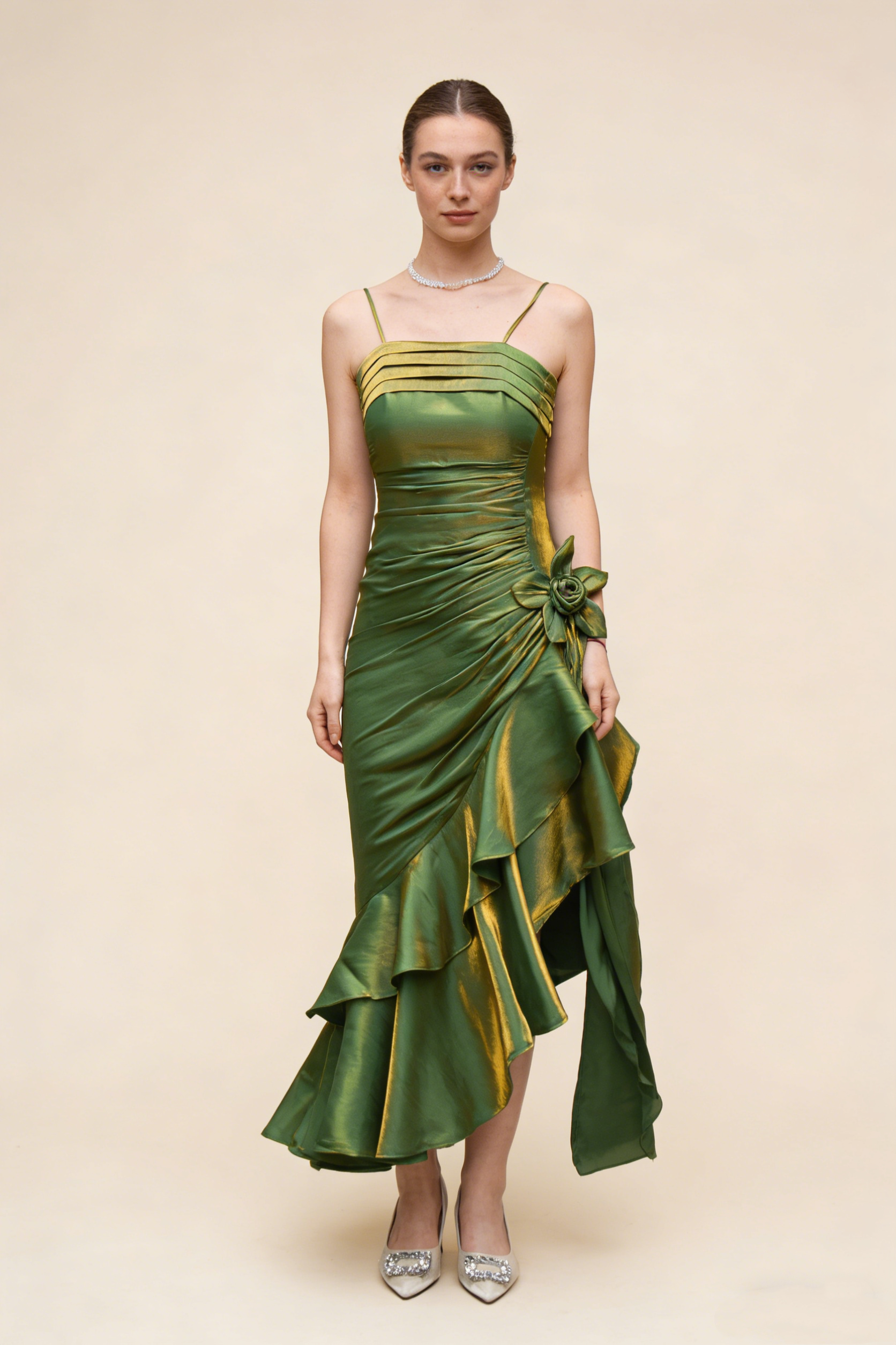 Grass Green Vintage Floral Dress Asymmetrical Hem Prom Dress HZ0319