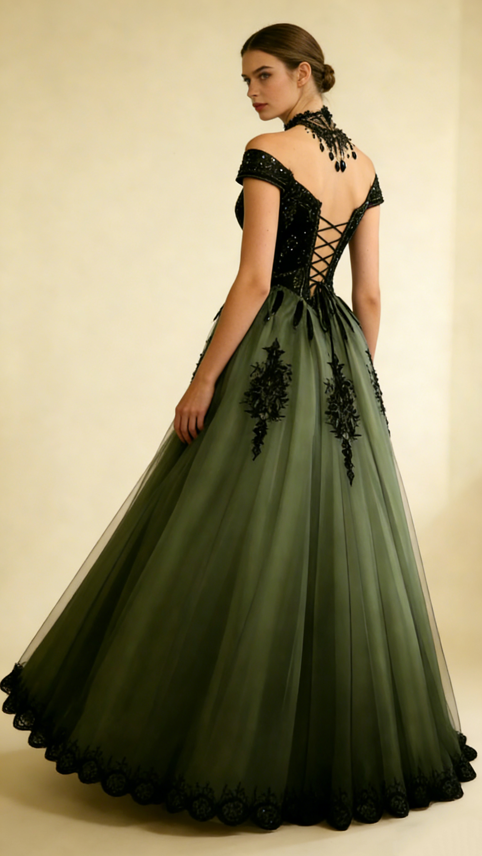 Green Gothic A-Line Tulle Off Shoulder Long Formal Prom Dress HZ0319
